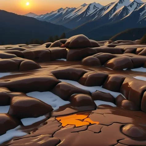 <lora:Chocoslime_DX_V8_-_Realistic_Pony_Photo:1> ,chocoslime, (mountains with snow on the tips:1.2), rocks, falls, cracked cliffs, blue sky, sun, realistic, chocolate lava stream