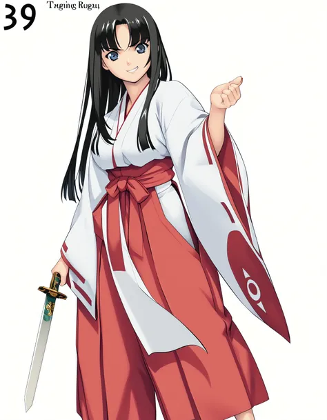 score_9,  score_8_up, score_7_up, <lora:qb-concept-v4-000015:1>
1girl, solo, white background, simple background, fighting stance, smug, confident,
t0mo3, miko, red hakama, sword