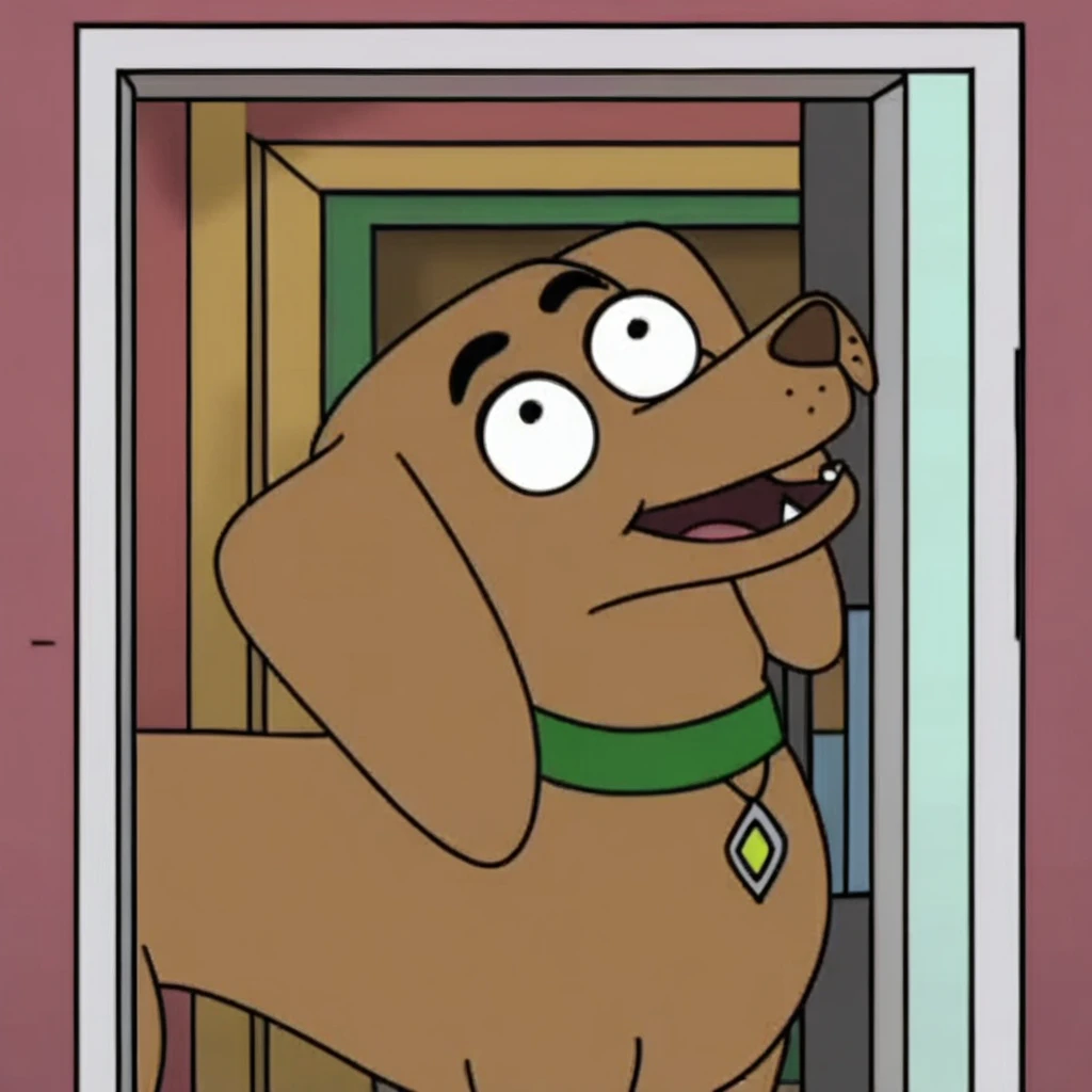 Larrabee Dachshund, solo, green collar, diamond shaped dog tag, standing in front of building, feral, brown fur, black pupils, looking up, happy, laughing, squinting eyes, glass door