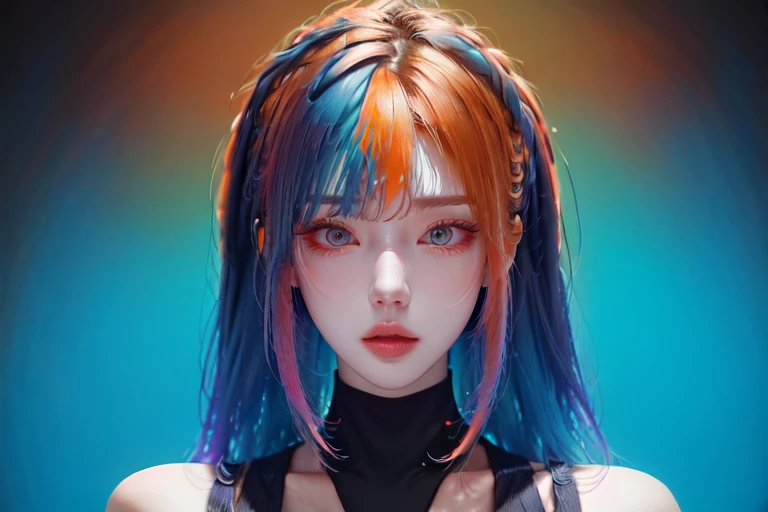 highly insanely detailed, masterpiece, top quality, best quality, highres, 4k, 8k, RAW photo, (very aesthetic, beautiful and aesthetic),  
<lora:BLGirl_R240930_Naka_Riisa:1>, 
(1girl:1.3), 1other, 
neon blue background,neon orange background,(colored fract...