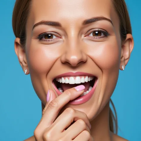 UHD, 4k, ultra detailed, cinematic, a photograph of <lora:detailed style v1.5:0.9> <lora:Hand v2:1>
A perfect photo of a woman holding a pink fingernail in her mouth,1girl,solo,smile,simple background,teeth,grin,lips,fingernails,blue background,close-up,re...