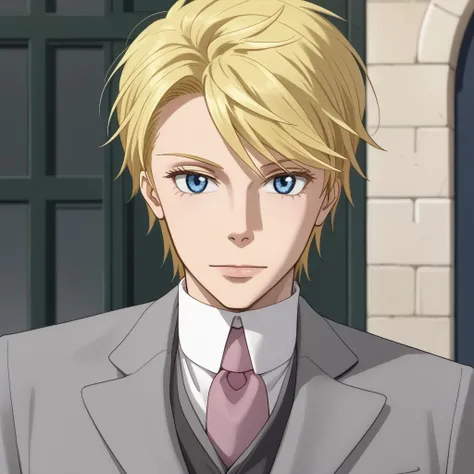 Score_9, High quality, 1boy, solo, James bonde, blonde hair, blue eyes, formal, grey suit, pink necktie, bank