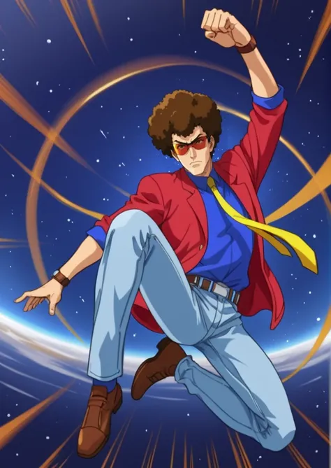 score_8_up, score_7_up, source_manga, rating_questionable, NaB35h1n, nabeshin, male, brown hair, afro hair, serious expression, space glasses, red jacket, blue collar shirt, yellow tie, jeans, full body, flying kick, dynamic pose, speed lines <lora:Nabeshi...