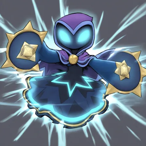 Star strike (skylanders), purple hood cape, blue sleeves, blue star dress, star amulet, glowing blue eyes, black skin, no mouth, white background