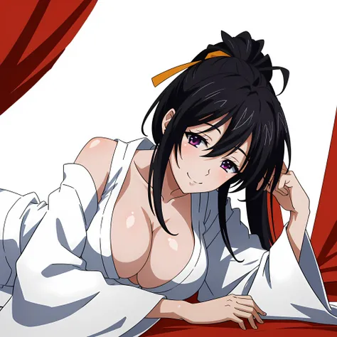 Akeno Himejima, purple eyes, long black hair, ponytail, orange ribbon, big breasts, white open Chinese kimono, smiling,solo, upper body, (lying:1.2)    <lora:Akeno_Himejima:0.7>