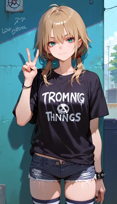 score_9, score_8_up, score_7_up, score_6_up, source_anime, portrait,
1girl, low twintails, Trim T-shirt, short shorts, striped thigh-high socks, thick things, punk, peace sign, standing,