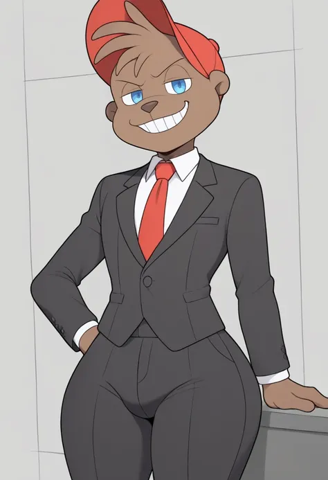 <lora:Alvin_Seville:0.7>, zPDXL3, 1boy, brown body, anthro, solo, male focus, red hat, blue eyes, huge ass, huge thighs, grin, <lora:suit_pony_V1.0:0.7>, black suit, black pants, red necktie,