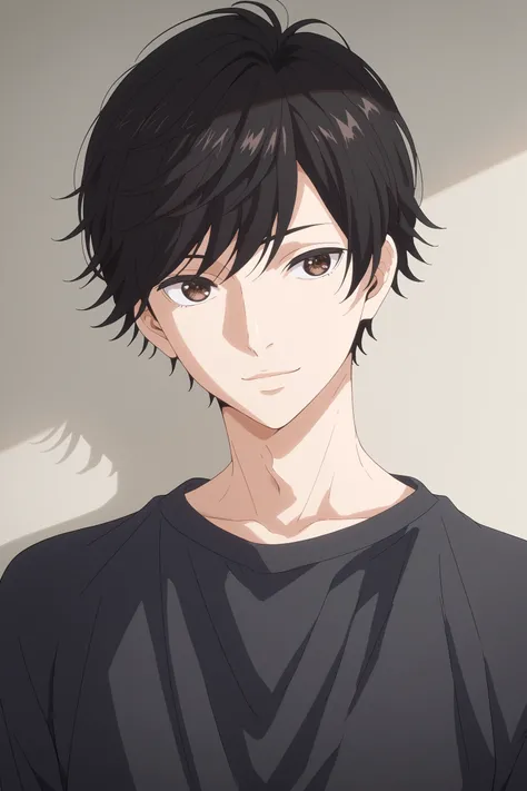 score_9, score_8_up, score_7_up, source_anime, high quality, absurdres, ((portrait, perfect anatomy)), 1boy, solo, male focus, slim, tsuchiya_mao, black hair, brown eyes, tsurime, pale skin, black eyeliner, seductive smile, leaning back