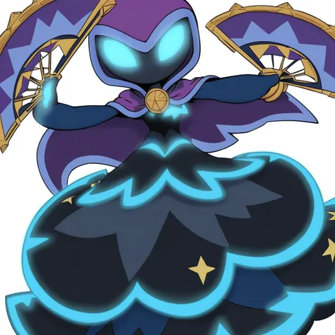 Star strike (skylanders), purple hood cape, blue sleeves, blue star dress, star amulet, glowing blue eyes, holding fans in both hands, black skin, no mouth, white background