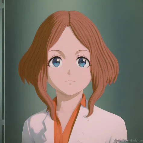 Light brown hair, Scientist uniform, Upper body, Blue eyes, Short hair, Gamera rebirth, Emiko Melchiorri