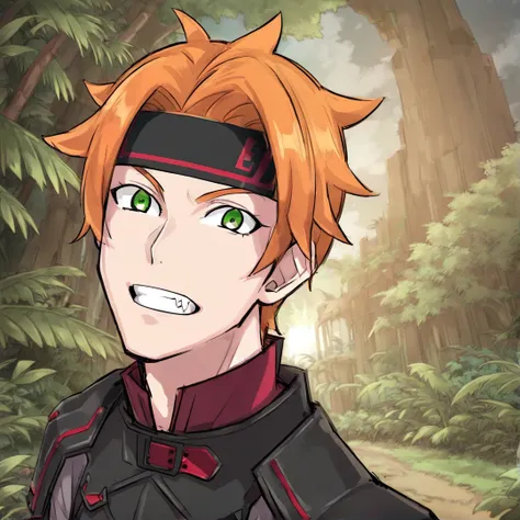 <lora:ToddFang:1>, todd, young man, short spiky orange hair, green eyes, sharp canine teeth, wears a headband, red undershirt with long sleeves, grey overshirt with short sleeves, black pants, black boots, black gloves, chest protector, shoulder pads, with...