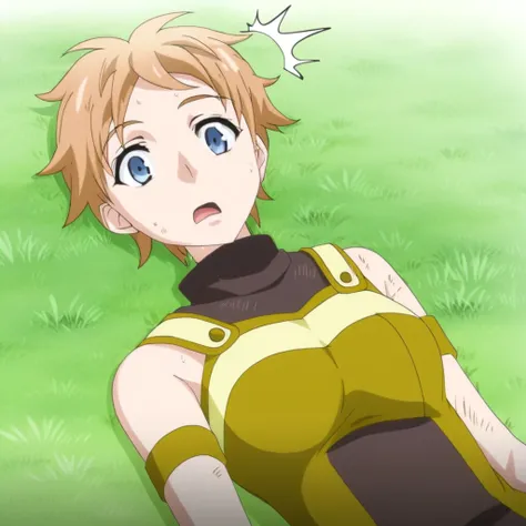 grass, source_anime, looking at viewer, breast_focus, stomach_focus, exhausted, surprised, sweat, lying on the ground