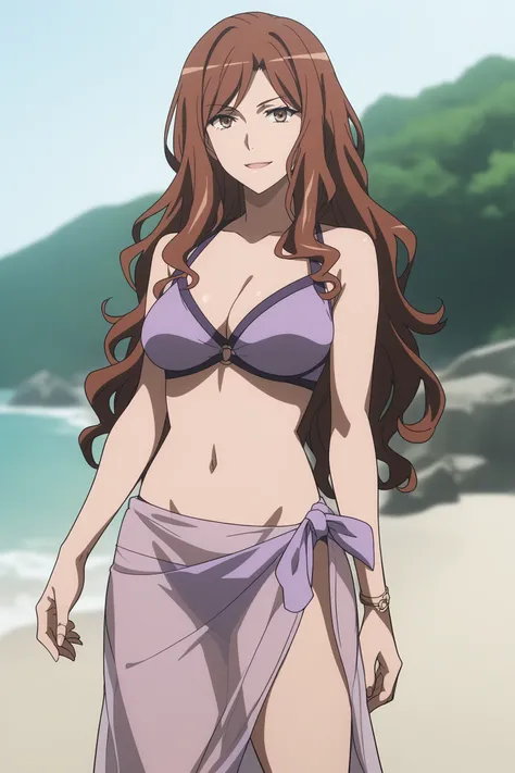 mugino shizuri, long hair, wavy hair, brown hair, brown eyes, purple bikini, sarong, see-through sarong, <lora:Shizuri_Mugino:0.8>, score_9, score_8_up, score_7_up, score_6_up, score_5_up, source_anime, rating_safe, medium breasts, outdoors, beach, 1girl, ...