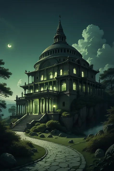 score_9, score_8_up, score_7_up, source_anime, rating_safe, night, dark, natural lighting, fantasy greek-structure focus, Dagreece, greek_architecture, intricately detailed illustration, depth of field, atmospheric perspective, green theme, horror (theme)