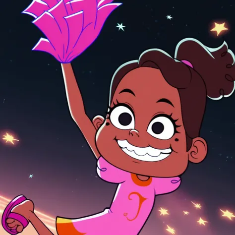 Score_9, score_8_up, score_7_up, t4b1_pr1mos, 1girl, sandals, smile, ponytail, pom pom (cheerleading), solo, dress, star (sky), dark skin, pink dress, starry sky, dark-skinned female, grin, black eyes, brown hair, mole