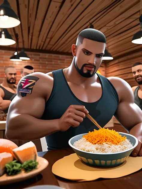 score_9, score_8_up, score_7_up,   <lora:Action_Hunk:1>, beard, tank top, male focus, dark skin, muscular male, ((buzz cut:2)), , rice paddy