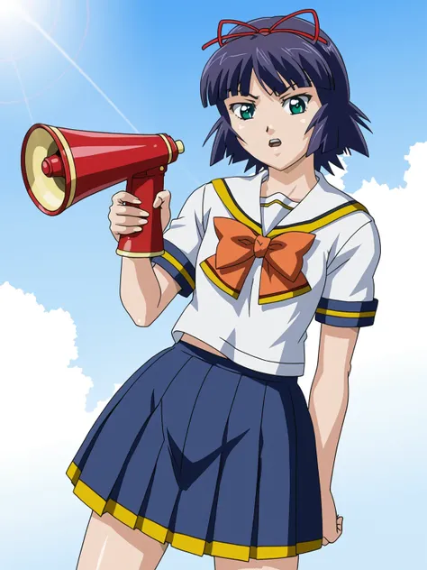 source_anime,  score_9, <lora:kitamilast:0.75> hskitami, school uniform, megaphone