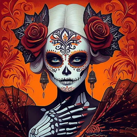 with her face adorned with intricate, glowing embers and flames. the subject is a woman with a dark complexion and a haunting, vibrant patterns in red, red bow, adorned with ornate, creating a striking contrast against her pale skin., glowing orange and ye...
