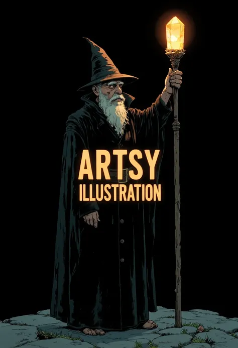 Artsy illustration style. An old wizard wearing black robes stands on a solid black background. You can only see him because of the low light coming off of the crystal on his staff. Glowing Large Text in front of the wizard reads "Artsy Illustration". The ...