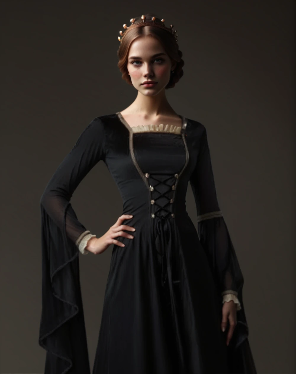 <lora:PrincessElowen:0.7> PrincessElowen, (score_9, score_8_up, score_7_up), simple black background, hand on hip, looking at viewer, long sleeves, dress