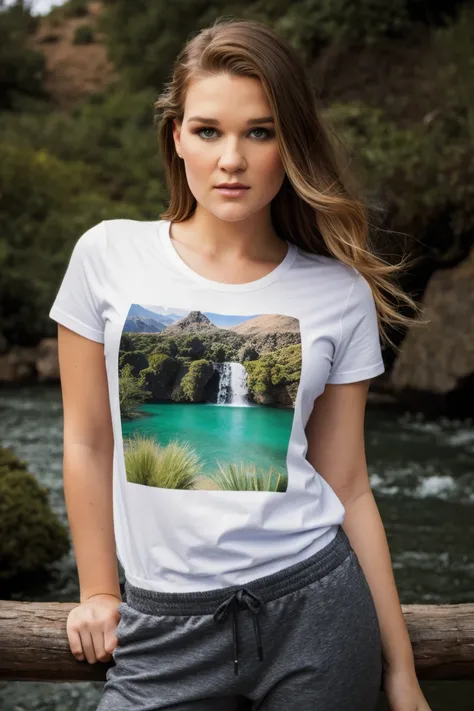 a cinematic 8k uhd photo of photo of AbbyCr0ss_HM-139, a woman, perfect_hair, (modern_photo), wearing baggy t-shirt and sweatpants, 150mm standard (analog, cinematic, (film_grain:1.3)), Floating Sky Islands, Landscape with floating islands, interconnecting...