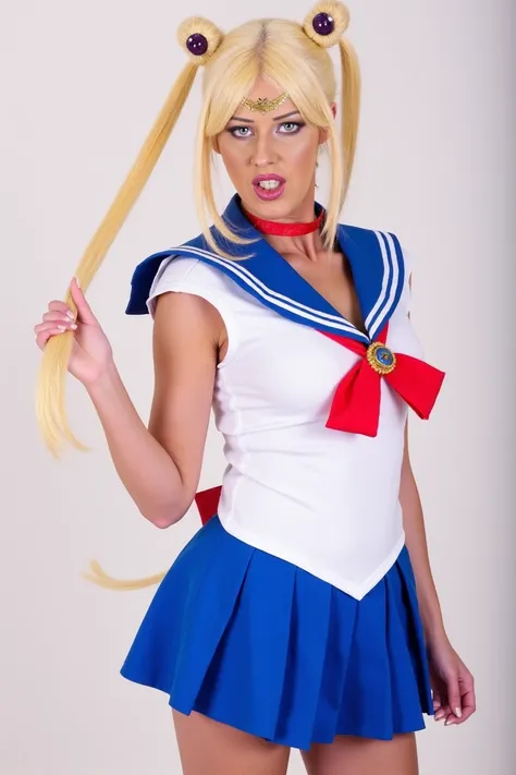 ClaudiaFerrariQuiron,  a woman Sailor Moon (Sailor Moon): With her iconic blue and white sailor outfit, blonde hair in pigtails, and crescent moon symbol, Sailor Moon is a classic choice for cosplayers.  ,  <lora:ClaudiaFerrariQuiron_FLUX-000001:1.4>