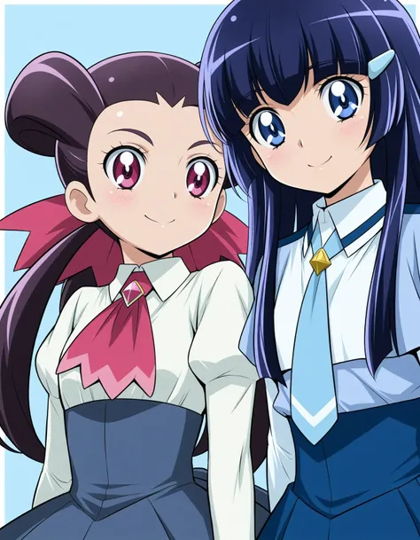 official style, 
<lora:Hyper8:0.5> <lora:fixhands:1> 2girls, couple,
aoki reika, smile precure!, straight hair, long hair, blue hair, blunt bangs, blue eyes, nanairogaoka middle school uniform, blue necktie, layered sleeves, short over long sleeves, blue t...