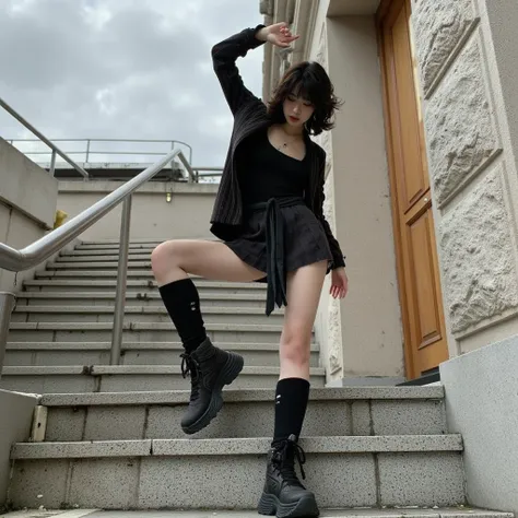 aesthetic, aesthetic pose, Dynamic pose, woman posing aesthetic, standing in stairs,