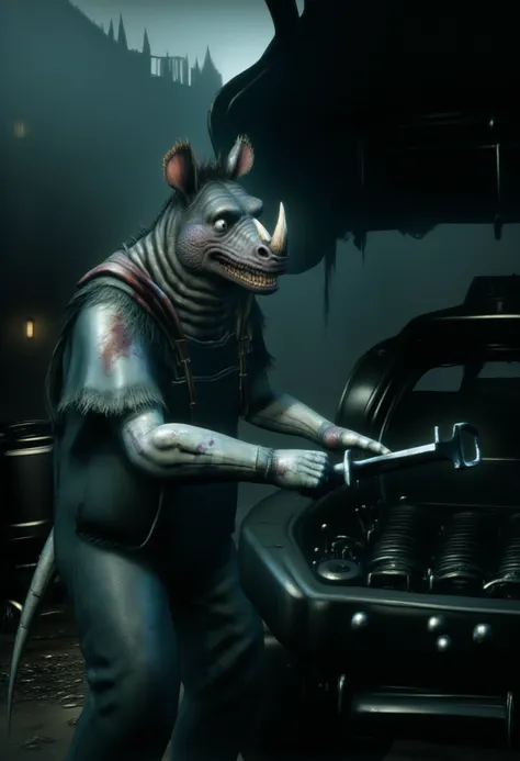 bbstyle, horror theme, realistic, 1boy, anthro, rhino, 1horn, grey skin, large, solo, mechanic, coveralls, holding, wrench, car, fixing, engine, garage