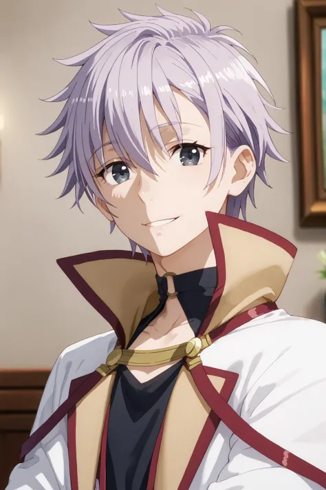 score_9, score_8_up, score_7_up, masterpiece, 1boy, smiling, solo male, solo focus, looking at viewer,Luto, purple hair, grey eyes