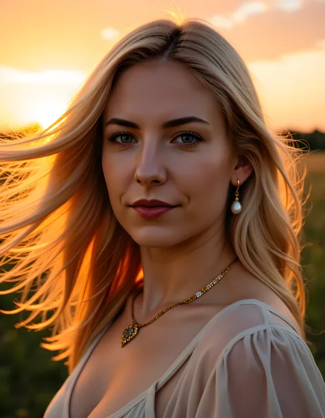 In a captivating, high-definition close-up, the woman AN45T4514C, with her radiant blonde hair cascading down like a golden waterfall, poses confidently against an ethereal sunset backdrop. Her piercing blue eyes, framed by long, delicate lashes and a smok...