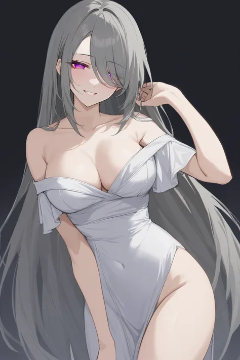 Vita,long_hair,long bangs,grey hair,purple eyes,yellow pupils,half-closed_eyes,seductive_smile,off-shoulder_dress,collarbone,posing,
masterpiece,best quality,cowboy_shot,
<lora:Vita._(Honkai_Impact):0.5>,