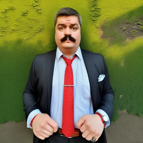 black eyes, pants, flower, tree, red necktie, realistic, wristwatch, shirt, mustache, solo