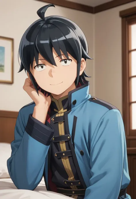 score_9, score_8_up, score_7_up, masterpiece, 1boy,  smiling, bedroom, solo male, solo focus, looking at viewer,Makoto, black eyes, black hair, ahoge, red and blue coat, long sleeves,