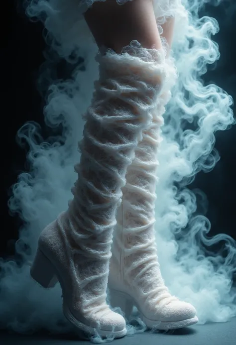 create an full body image of a woman wearing boots made of smoke cloth, clothes focus.