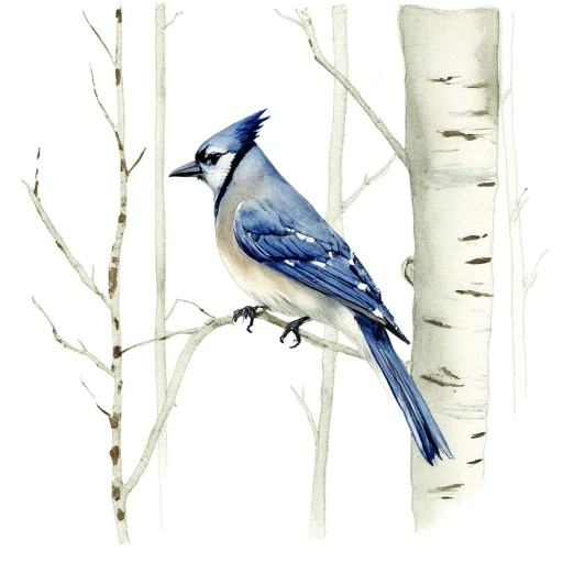 a wtrclr watercolor painting of a blue jay perched on a birch tree.