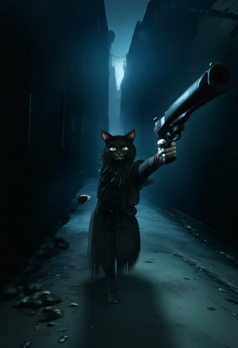 bbstyle, horror theme, 1other, solo, cat, pistol, holding, aiming at viewer, alleyway, night