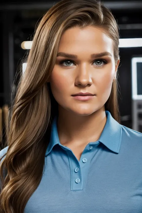 RAW photo of AbbyCr0ss_HM-139, a woman, perfect_hair, (modern_photo), wearing blue polo shirt, khaki pants, light blue vest, 200mm standard (analog, cinematic, (film_grain:1.3)), Quantum Computing Lab, Research facility with superconducting qubits, quantum...