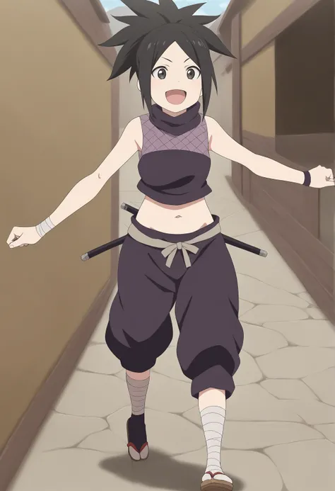 (chibi), anime screencap, smile, open mouth, 1girl, solo, medium hair, black hair, black eyes, ponytail, ayame2, ninja, japanese clothes, turtleneck, navel, bare shoulders, single wristband, pants, legwear bandages, walking, japanese, medieval, town  <lora...