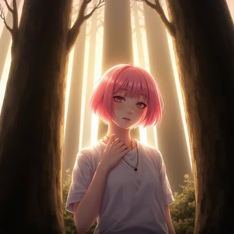 aesthetic_pose, dynamic_pose, dramatic_lightning, solo, looking at viewer, short hair, pink hair, 1girl, holding, jewelry, white...