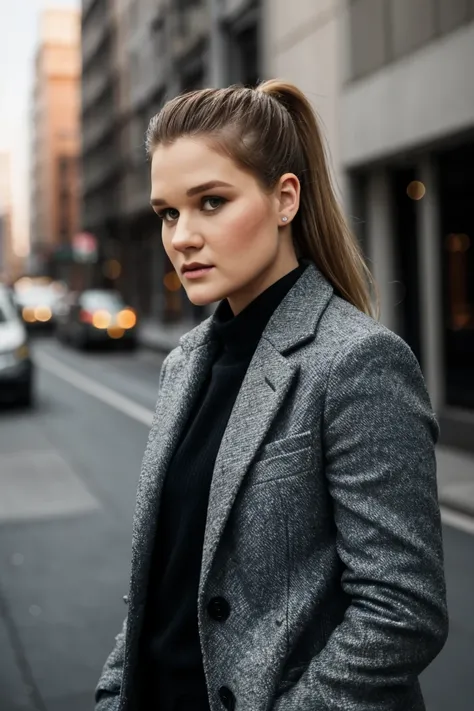 a cinematic 8k uhd photo of photo of AbbyCr0ss_HM-139, a woman, perfect_hair, (modern_photo), wearing button-up coat, slacks, 85mm short_telephoto (analog, cinematic, (film_grain:1.3)), Dystopian Slums, Gritty urban setting with rundown buildings, neon lig...