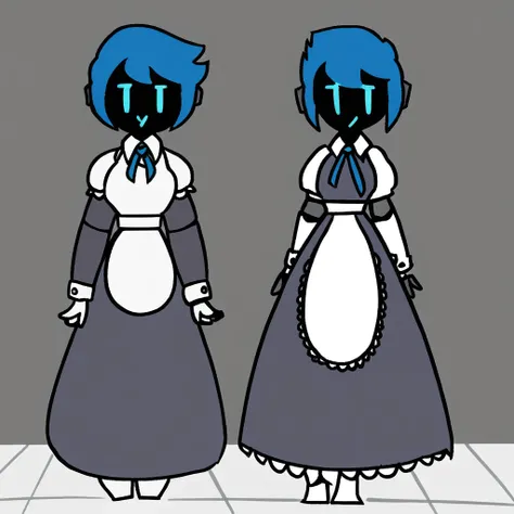 Lav_(Nekuzx), 1girl, solo focus, female focus, standing, full body, looking at viewer, blue hair, short hair, no sclera, arms at sides, blue eyes, maid, maid outfit, smile, robot, android, grey dress, white shirt, blue ribbon,