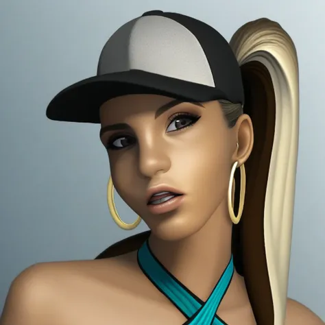 nose, ponytail, blonde hair, multicolored hair, hoop earrings, parted lips, hat, 1girl, earrings, brown hair, halterneck, solo, lips