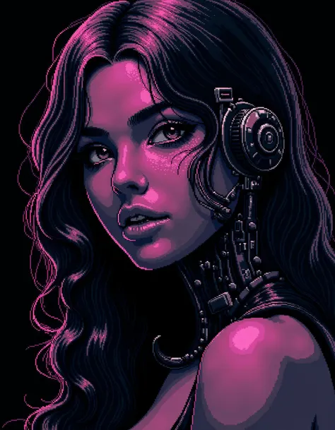 ck-8bit-gameboy, A stunning close-up portrait of a beautiful woman with long, wavy hair cascading around her face. Subtle mechanical features are integrated into her face and neck, blending seamlessly with her natural beauty. The artwork is rendered in a c...