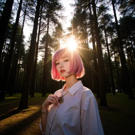 aesthetic_pose, dynamic_pose, dramatic_lightning, solo, looking at viewer, short hair, pink hair, 1girl, holding, jewelry, white shirt, upper body, female focus, necklace, shadow. A young woman with short, pink hair stands in a quiet forest as the sun rise...