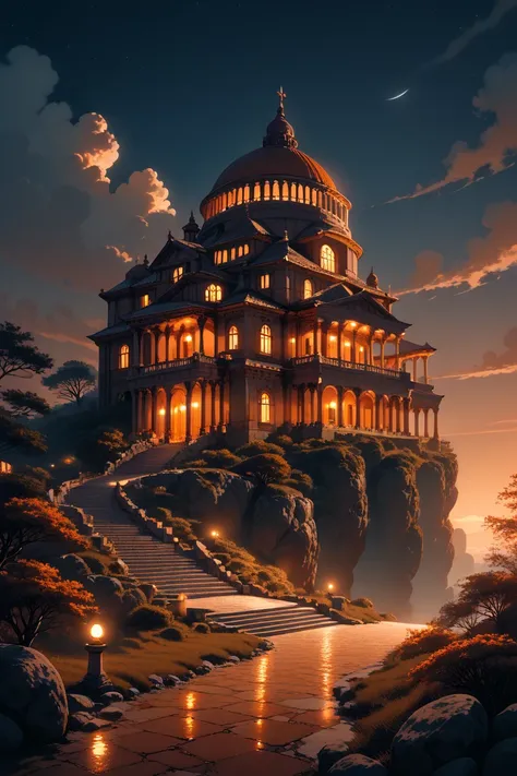 score_9, score_8_up, score_7_up, source_anime, rating_safe, night, dark, natural lighting, fantasy greek-structure focus, Dagreece, greek_architecture, intricately detailed illustration, depth of field, atmospheric perspective, orange theme, horror (theme)