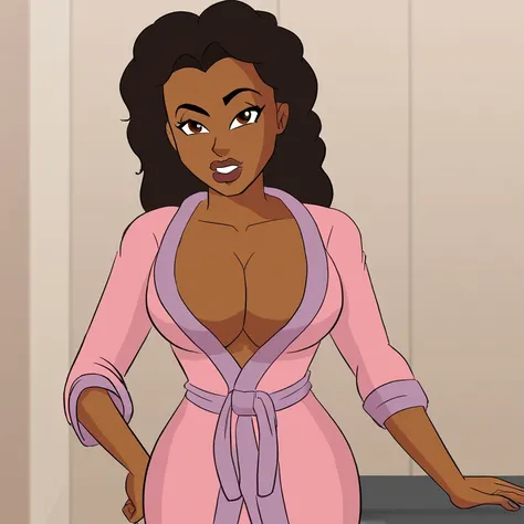 1girl, woman, dark skin, straight hair, bathrobe, cleavage
urbandemons,urbandemonstyle,
<lora:Urban_Demons_Style_Pony:1>,