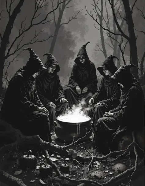 a coven of hooded witches sitting around a cauldron, in a dark and scary forest. a greyscale, seasonal graphic design. <lora:wit...