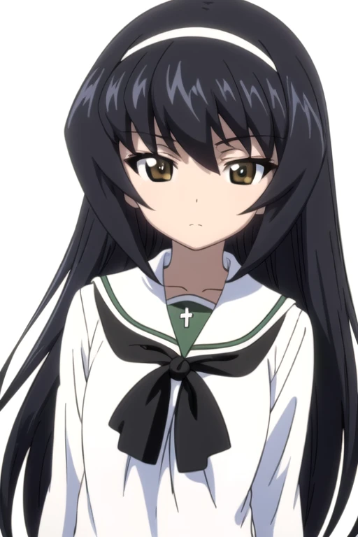 solo, 1girl, looking at viewer, 2D, anime, official style, anime coloring, anime screencap, upper body, (simple background, solid white background:1.3), <lora:mako-gup:0.8>, mako reizei, hairband, long hair, school uniform, closed mouth