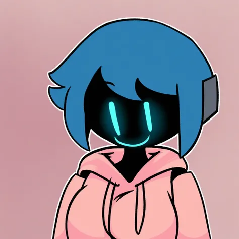 Lav_(Nekuzx), 1girl, solo focus, female focus, upper body, looking at viewer, pink hoodie, blue eyes, smile, blue hair, short hair, no sclera, robot, android,